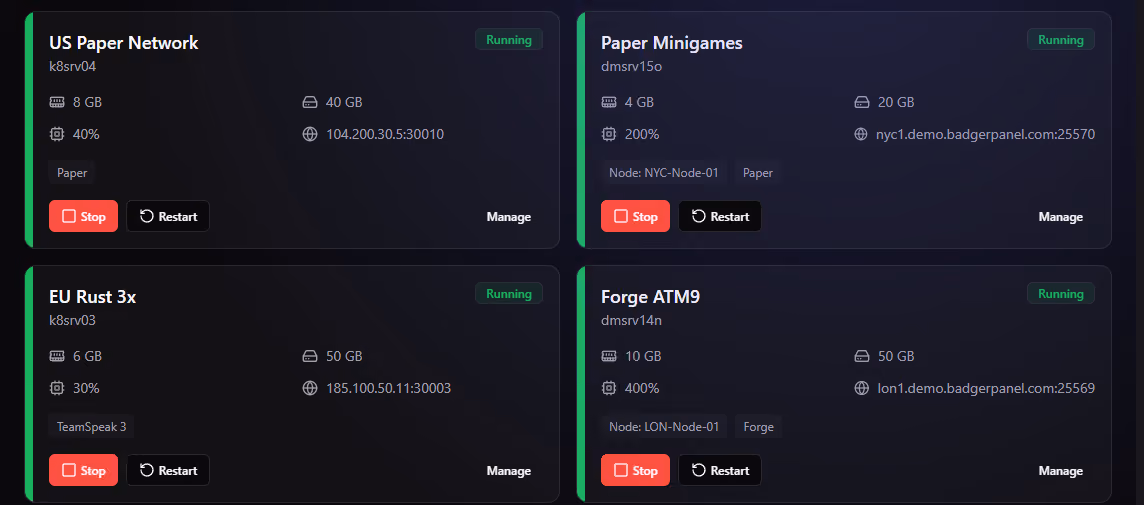 The customer view in BadgerPanel: a card for each game server with its memory, disk, CPU, connection address and start, stop, restart and manage controls.