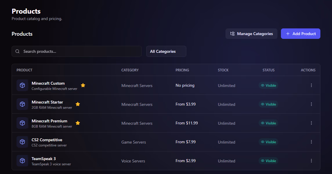 The product catalogue in BadgerPanel, listing hosting plans with their category, price, stock and visibility.